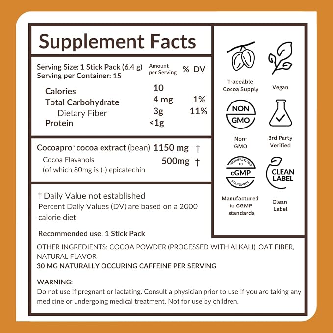 CocoaVia Cocoa Flavanols 500mg, High Flavanol Cocoa Powder, Support Heart and Brain Health, Boosts Nitric Oxide, Circulation, Preworkout, Travel-Friendly, Vegan, Dark Chocolate, 15 Single Serve Sticks
