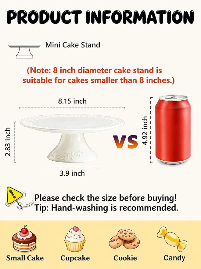 White Cake Stand – Fits Cakes Smaller Than 8 Inches, Porcelain Dessert Plate for Party, Christmas, Baby Shower, Birthday, Home Decorating Stand