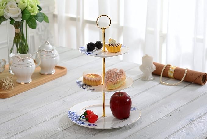 Porlien Gold Trimmed Blue Floral 3 Tier Cake Stand, Dessert Stand, Cupcake Stand