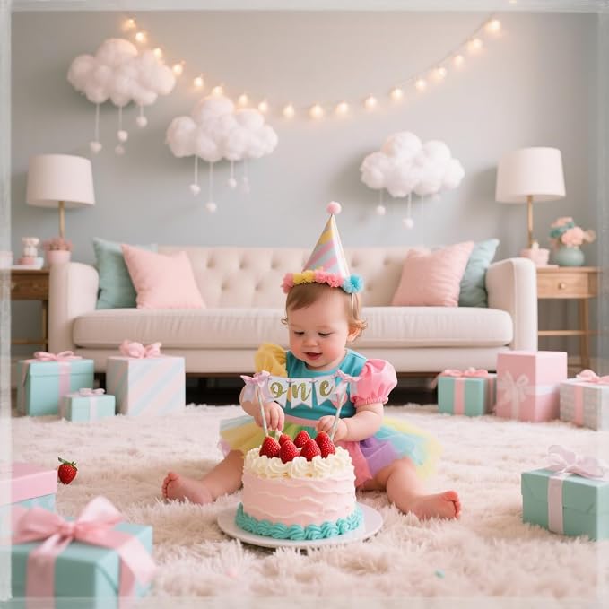 Pink Bow Cake Topper for 1st Birthday Girl, ONE Happy Birthday Banner Decor, Party Supplies for Baby Shower, First Cake Decoration