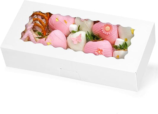 Moretoes 30pcs Auto-Popup Cookie Boxes, 12x5.5x2.5 Inch White Bakery Box with Window for Treats, Chocolate Covered Strawberry, Donuts, Pastries, Cake Pop