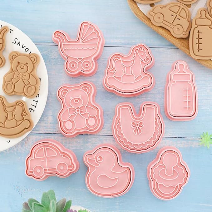 8 Pieces Cute Baby Shower Cookie Cutters Plastic Newborn party Cookie Stamps Cookie Mould Press Babies Shower Cookie Mould Set Baking Kitchen Tools