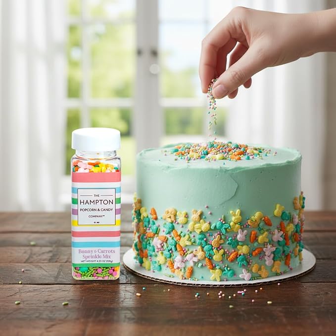 Bunnies & Carrots Sprinkle Mix Blue, Pink, Yellow, Orange, Green and Purple 4.23 oz, Easter Sprinkles For Cake Decorating, Baking, Ice Cream & More, The Hampton Candy Company