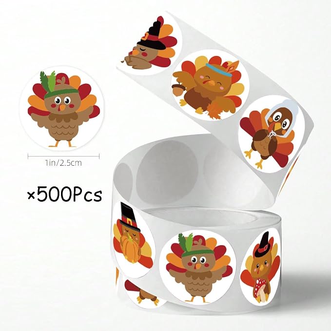 500Pcs Fall Stickers Roll 1 Inch Self Adhesive Cute Turkey Round Stickers 8 Style Cartoon Turkey Design Thanksgiving Stickers Autumn Pumpkin Roll Decals for Fall Envelope Card Gift Box Party Supplies