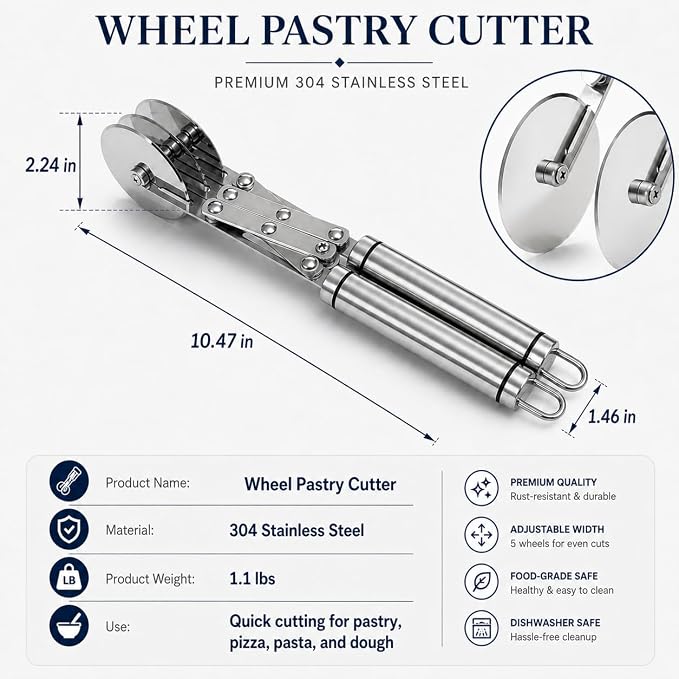 Wheel Adjustable Pasta Cutter with Handle - Stainless Steel Multi-Tool for Baking Pastry, Pizza, Noodles & Pie Crust (5 Roller)