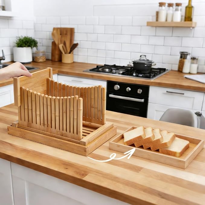 UNICRAFTALE Adjustable Bamboo Bread Slicer with Crumb Tray Bread Cutter for Homemade Cutter Guide for Sourdough Bagels Cakes Loaves Kitchen Gadgets Baking Gift Set 12.48"x8.5"x6.69"