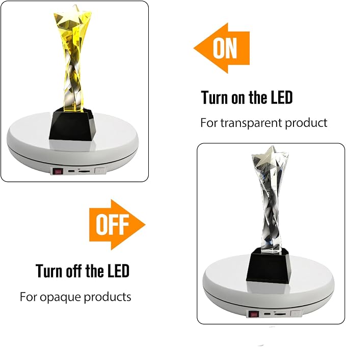 JAYEGT Multicolor LED Light Motorized Rotating Display Stand , 10 inch /55lbs Load, 360° Electronic Photography Turntable for Product Shows, Jewelry, Crystal Art (White / 5 Colors Light / Rechargeable)