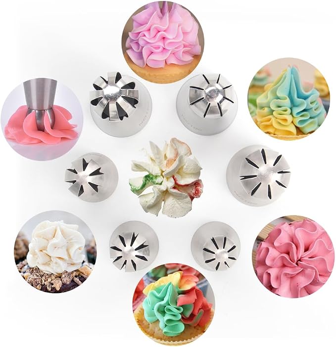 10 Pieces Stainless Steel Russian Twist Flower Icing Tips Set, 3 Big Ball Piping Tips,3 Small Ball Piping Tips,1 Pastry Bags,1 Cleaning Brush,2 Plastic Couplers,Cake Decorating Piping Tips Set