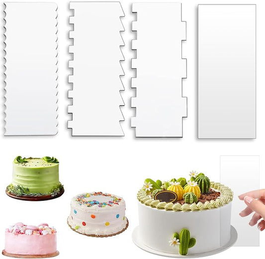 Cake Scraper, 4PCS Clear Acrylic Icing Smoother Stripes Cake Decorating Comb, Edge Smoother Tool for Mousse Butter Cream Decoration, DIY Kitchen Baking Tool