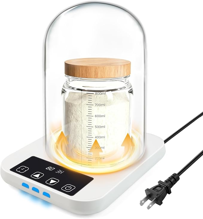 Sourdough Starter Warmer with Glass Dome, 1°F Precise Temperature Control from 70 to 100°F, 0-12H Timer Auto Warming ON/Off, Sour Dough Heating Mat and Glass Cover Set for Baking Fermentation