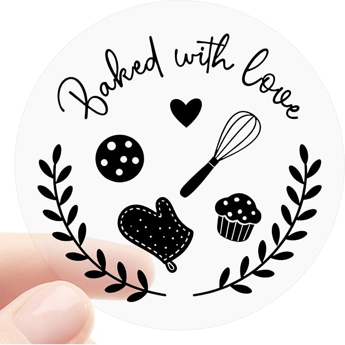 100 Pack Baked with Love Stickers, Clear Black Foil Bakery Labels for Homemade Baked Goods, Baking Stickers for Cookies, Bread, Cupcakes, Sourdough & Small Business Packaging, 1.6''