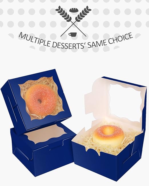qiqee Dark Blue Bakery Boxes with Window 55pcs 4x4x2.5 Mini Cookie Boxes Macaron Boxes Small Donut Pastry Boxes for Party