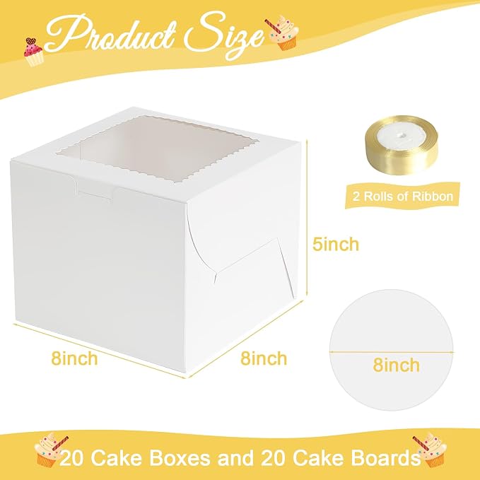 40pcs 8x8x5 Inch Cake Boxes with Cake Boards Cake Boxes 8 Inch with Window Disposable Bakery Containers for Cookie Pastry Cupcakes Wedding Birthday Party Christmas (20 Boxes and 20 Boards, White)