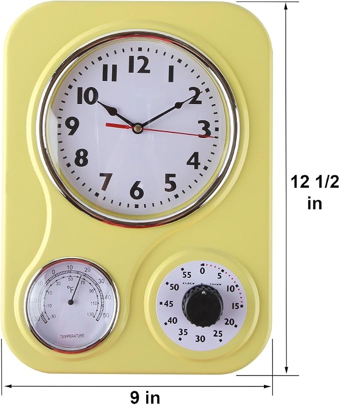 Lily's Home - 9 Inch x 12.5 Inch - Retro Kitchen Wall Clock, Vintage Wall Clock with a Thermometer and 60-Minute Timer, Ideal for Any Kitchen, Office, or Diner (Yellow)