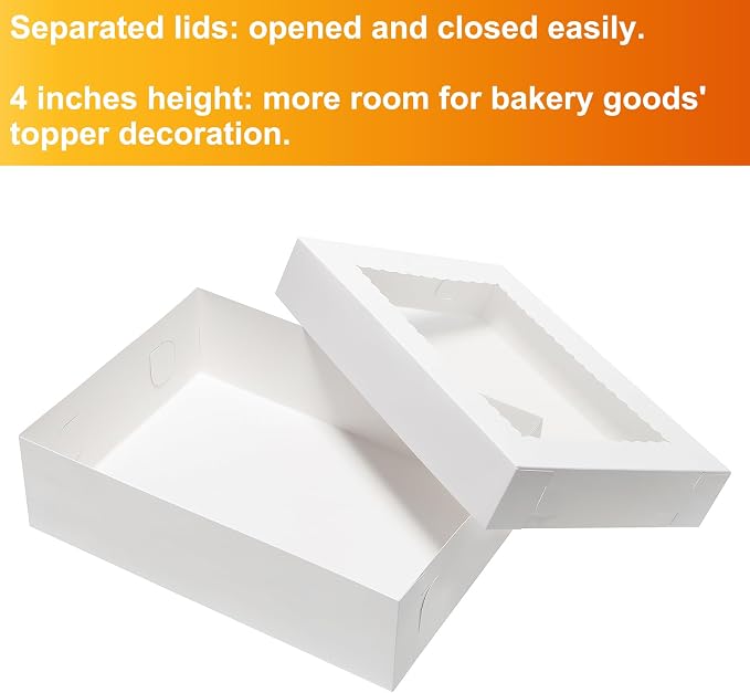 Wowxyz 12pcs 14x10x4 Cake Boxes Rectangle Quarter Sheet 1/4 Sheet Bakery Boxes with Window - Donuts, Pastry Baking Cake, Pie White Cardboard Treat Packaging