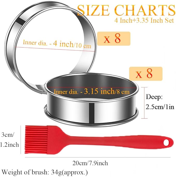 16Packs English Muffin Rings Crumpet Rings 4 inch Stainless Steel Double Rolled Tart Rings 4 inch & 3.15 inch, Round Metal Cooking Pastry Ring Molds for cookies, pancakes,