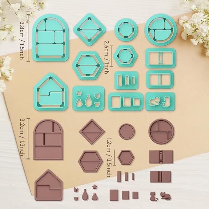 ORIGACH 13 Pcs Mini Bookshelf Polymer Clay Cutters Set | Book Vase Frame Design Clay Cutters for Polymer Clay Jewelry Earrings with a Clear Storage Box