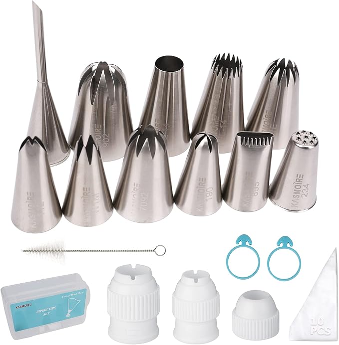Kasmoire 11 Pcs Extra Large Piping Tip Set,Stainless Steel Cake Decorating Icing Tips Nozzles,Professional Pastry Tips for Cupcake, Cookie and Puff