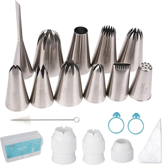 Kasmoire 11 Pcs Extra Large Piping Tip Set,Stainless Steel Cake Decorating Icing Tips Nozzles,Professional Pastry Tips for Cupcake, Cookie and Puff