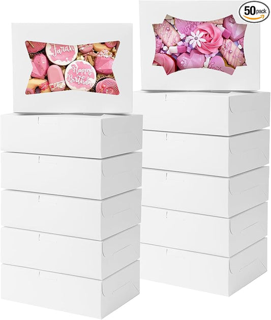 TOMNK 50pcs Cookie Boxes with Window, 8x6x2.5 Inches 2 Style Window Bakery Boxes for Treats, Chocolate Covered Strawberries, Muffins, Donuts