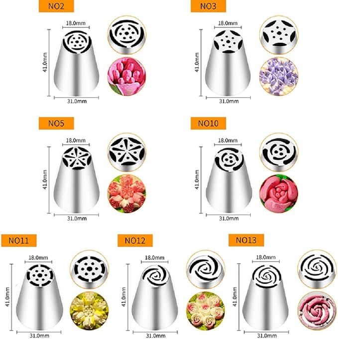 7 Pieces Stainless Steel Small Cake Decorating Russian Tulip Flower Icing Tips Kit with 1pcs Tri-Colors Coupler, Cupcake Decorations Set, Pastry Baking Tools,Plastic Box Package
