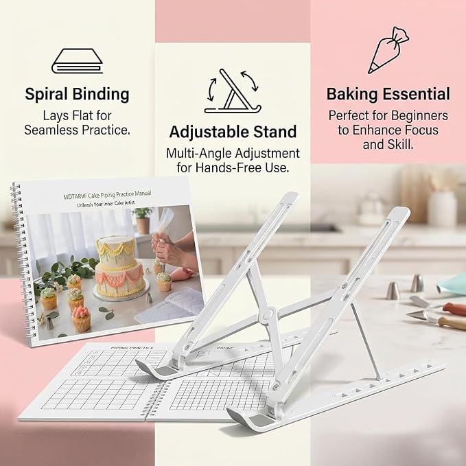 Upgraded Cake Practice Decorating Board with Adjustable Stand Thickened Waterproof, 23 Sheets Icing Piping Nozzles Practice Drawings Cake Decorating Kit Baking Supplies for Beginner Home Baker