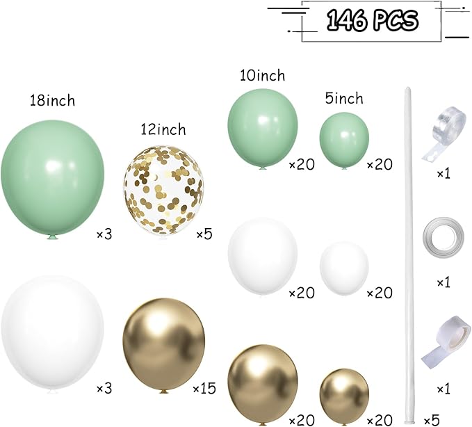 Sage Green White Gold Balloon Garland Arch Kit, 146Pcs Latex Balloons Different Sizes 18 12 10 5 Inch for Birthday Baby Shower Gender Reveal Wedding Party Decoration