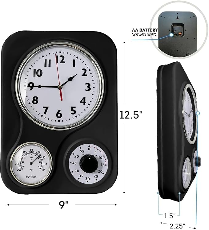 Lily's Home - 9 Inch x 12.5 Inch - Retro Kitchen Wall Clock, Vintage Wall Clock with a Thermometer and 60-Minute Timer, Ideal for Any Kitchen, Office, or Diner (Black)
