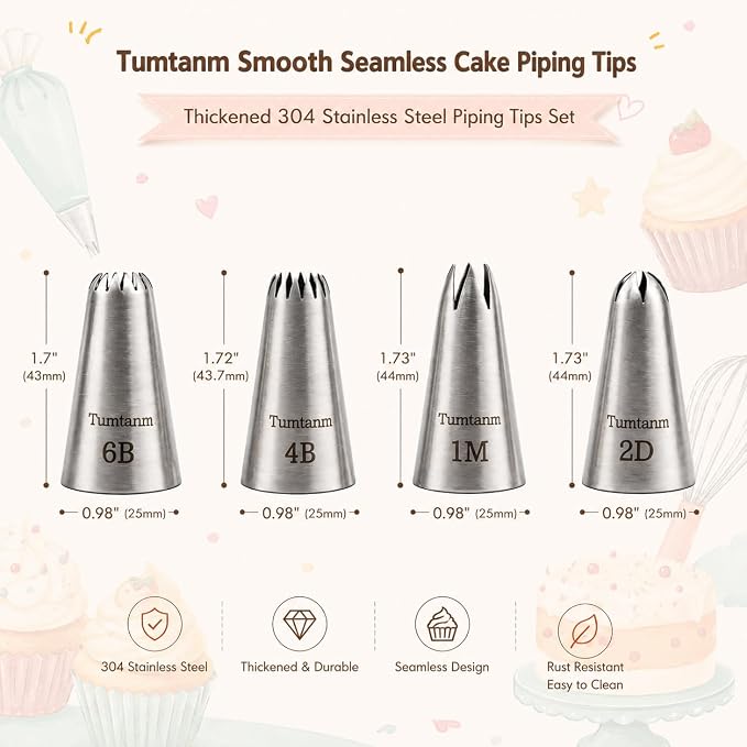 #1M #2D #4B #6B Large Piping Nozzles, 4 pcs Stainless Steel Seamless Icing Piping Tips Set for Cupcakes and Baking