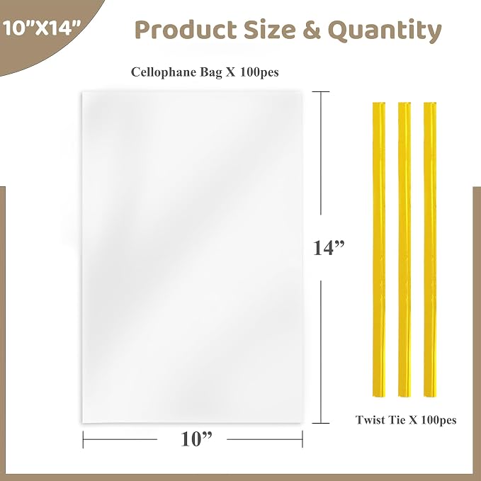 WIKDAY Cellophane Bags 100 PCS 10x14 Inches Clear Gift Gags with Ties Plastic Treat Party Favor Candy Bags for Gift Giving, Packaging Snack, Products