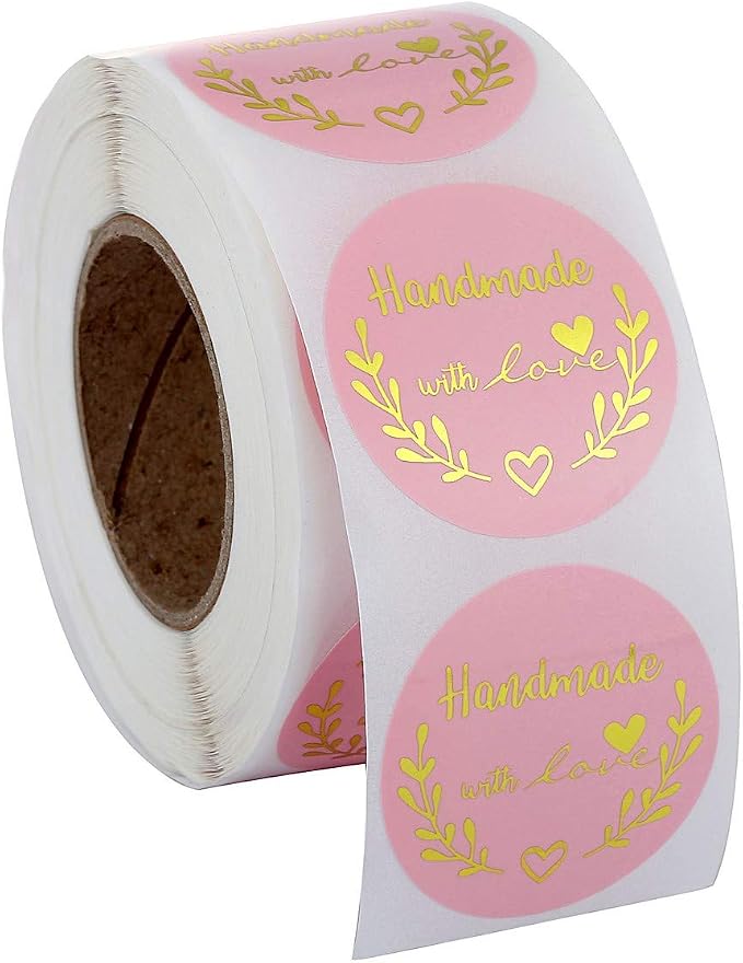 Yoption 1.5 Inch Round Handmade with Love Stickers Pink for Packaging, Cookie Bags, Small Shop Local Handmade, 500 Labels per Roll