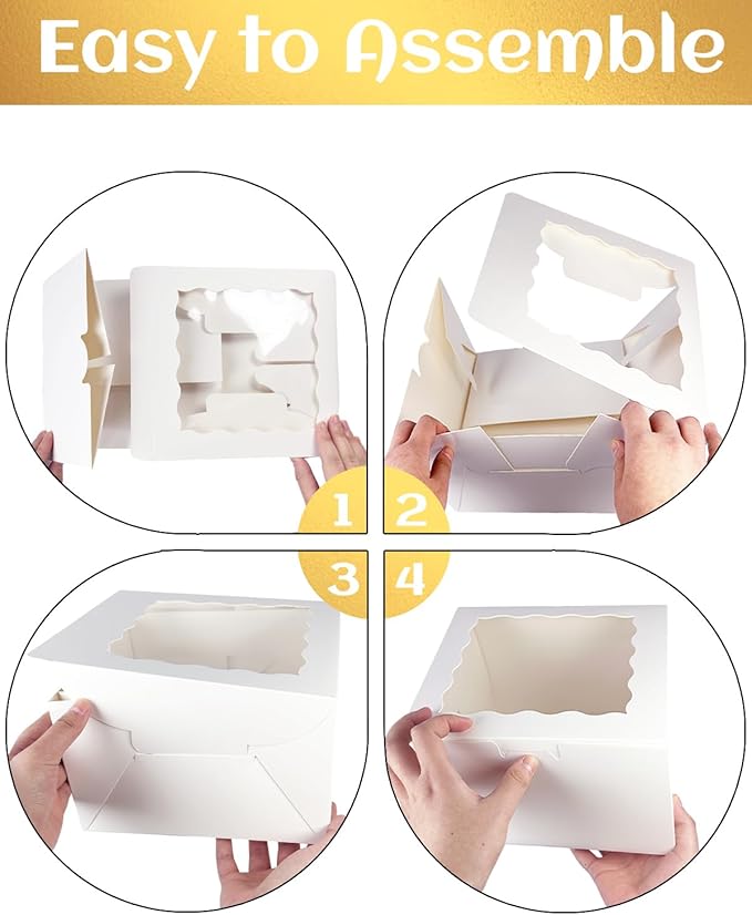 qiqee 10x10x5 Cake Box, 4 Sets White Cake Box with Window ＆ 4 Sets 10" White Cake Round Boards, 10inch Cake Containers