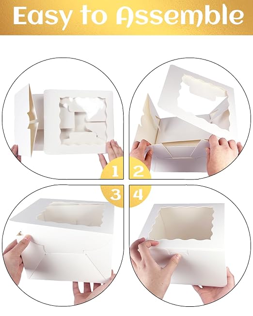 qiqee 10x10x5 Cake Box, 18 Sets White Cake Box with Window ＆ 18 Sets 10" White Cake Round Boards, 10inch Cake Containers, 10 Meters Gold Silk Ribbon
