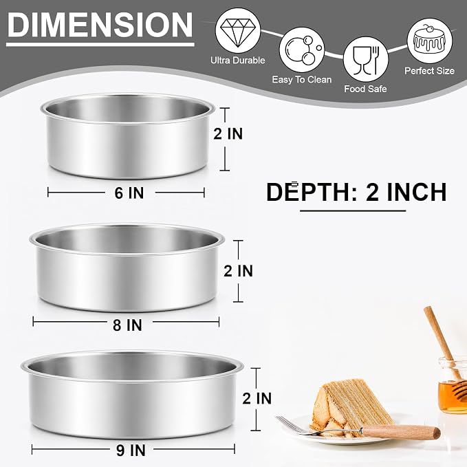 Leonyo 6"-8"-9" Baking Pans Set, Stainless Steel Round Cake Pans, 2In Deep | Bake a multi-layer cake — perfect for celebrating weddings, birthdays, housewarmings, and graduations