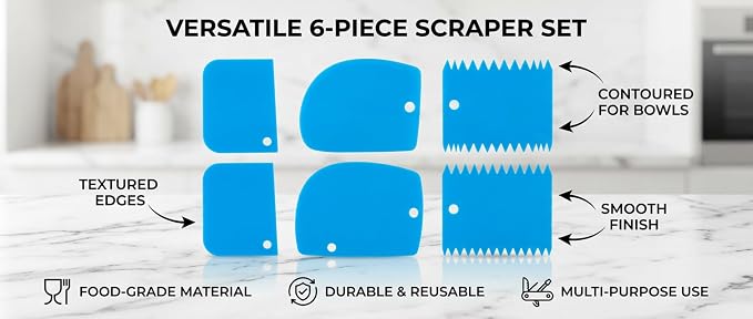 Cake Decorating Scraper Set, 6 Piece Plastic Icing Smoother Tools, Serrated and Flat Edge Dough Scrapers for Baking, Pastry, Bread, Pizza, 2.95-4.81 Inch (blue)