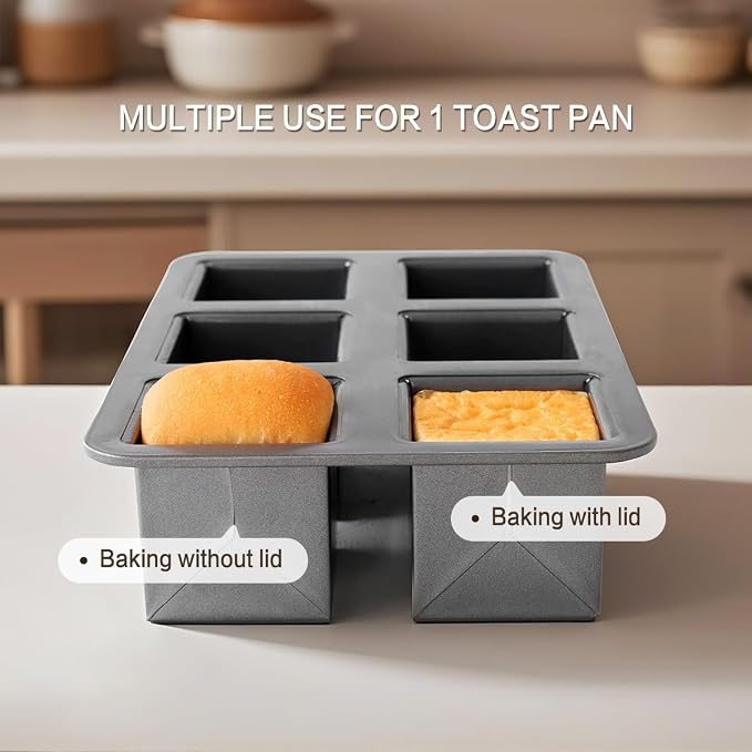 6-Cavity Mini Pullman Loaf Pan with Lid, Mini Loaf Pan 2.4 x 2.4 x 2.4 inch Square Bread Baking Mold, Nonstick Heavy Duty Carbon Steel Toast Box with Cover for Homemade Sandwich, Milk Bread, Meatloaf