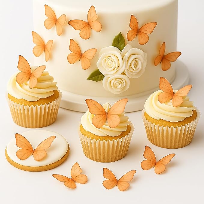Confect Edible Wafer Paper Butterflies Set of 56 – Colorful Peach Butterfly Cake Decorations, Cupcake Toppers for Birthday, Wedding, Party – Edible Butterfly Toppers