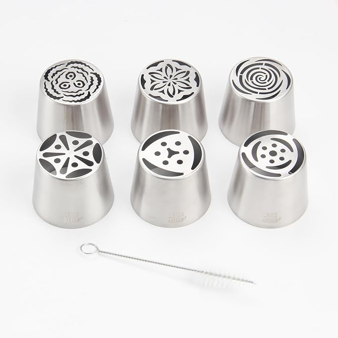 Extra Large Russian Piping Tip Set - 6 Stainless Steel Marshmallow Buttercream Framing Nozzles for 3D Roses Tulip Cake Decorations and Marshmallow Bouquets, Includes 1 Cleaning Brush(6D)