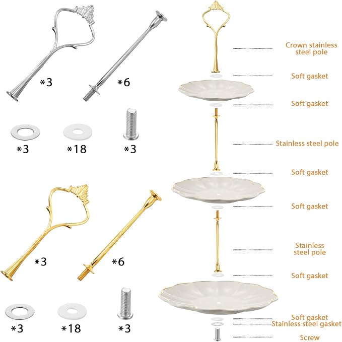 6 Sets 3 Tier Cake Stand Hardware Tiered Tray Plate Hardware Kit Heavy Metal Cake Fruit Food Plate Stand Fitting Stacking Kit for Serving Dessert Cupcake Dish Food(Simple,Silver, Gold)