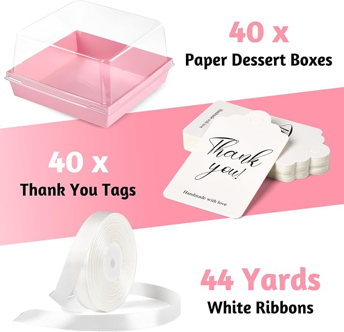 ZORRITA Paper Cake Boxes with Clear Lids, 7" x 7" x 4", 40 Pack, Pink | Disposable, Square Food Containers, For 4-6 Inch Cake, Dessert, Pie, Cupcake, Bakery, Charcuterie