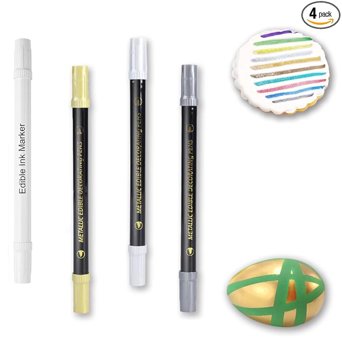 ZJSJSP Edible Metallic Markers,Food Shimmering Color Pen,Fine and Thick Tip Food Upgrade for Cookies/Cakes/Fondant/Baking Decorating/Drawing (Gold, Silver, Black,White, 4PCS)