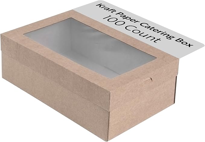 Restaurantware Cater Tek 10.2 x 6.1 x 3.2 Inch Baked Goods Boxes 100 Insert Tab Lock Window Pastry Boxes - Window Lids Easy Assembly Kraft Paper Catering Boxes For Charcuterie Or Cupcakes