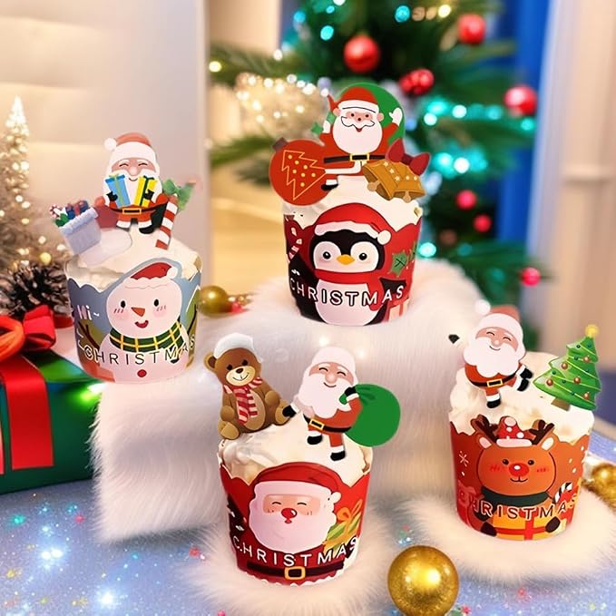 Edible Christmas Cake Decorations, 60 Pcs Wafer Paper Cupcake Toppers with Santa Snowman Tree - for Gingerbread House & Holiday Party Treats Xmas Festival