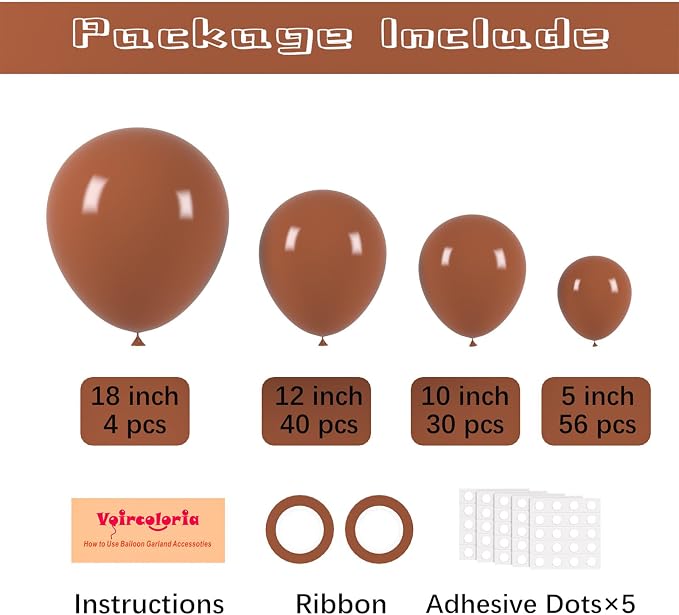 Voircoloria 130pcs Coffee Brown Balloons Different Sizes 18" 12" 10" 5" Tan Latex Balloon Garland Arch Kit for Birthday Baby Shower Graduation Wedding Gender Reveal Anniversary Party Decorations