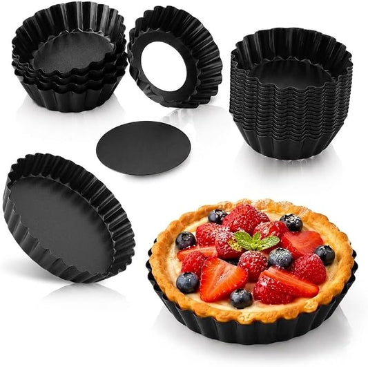 32 Pack Mini Tart Pans 3 Inch, Nonstick Carbon Steel Tartlet Pans with Removable Bottom, Fluted Egg Tart Molds for Quiche, Fruit Tarts, Mini Pies and Cheesecakes, Black