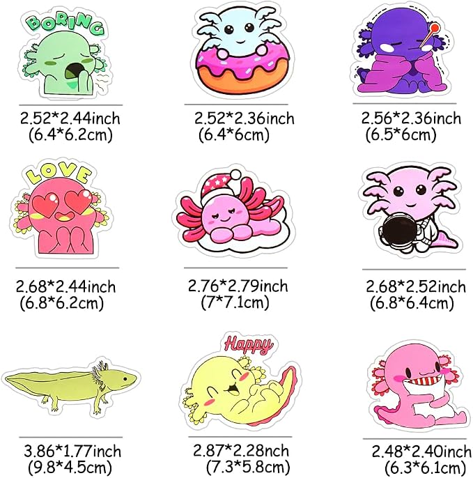 50 Pcs Axolotl Stickers for Water Bottles, Waterproof Vinyl Cute Stickers for Scrapbook, Laptops, Decorative Decals for Kids Girls Teens