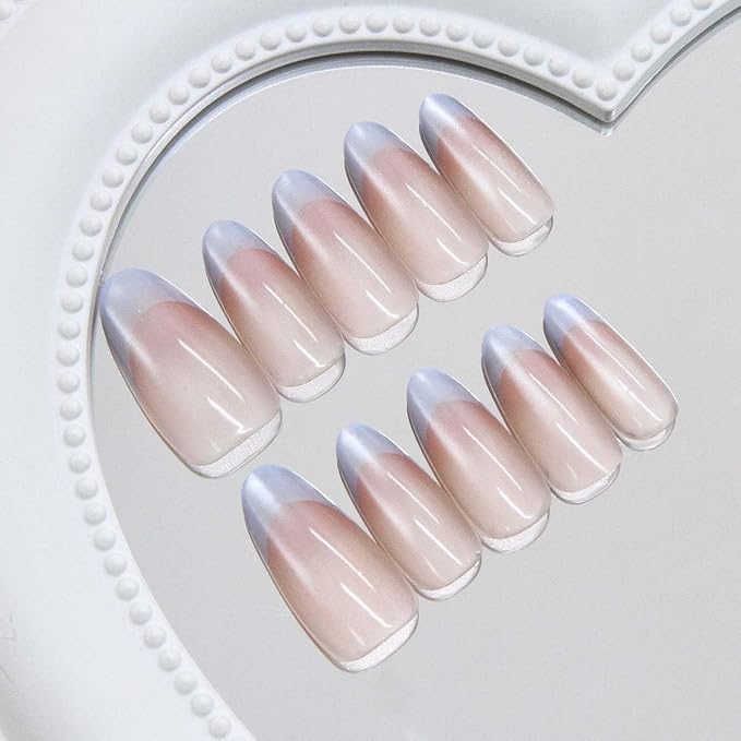 24Pcs French Press on Nails Short Almond ZWENJIE Cat Eye Fake Nails Press ons Nail Tips Stick on Nails Glossy Acrylic Nails Kit False Nails with Colorful Design Nail Art for Women Glitter Manicure