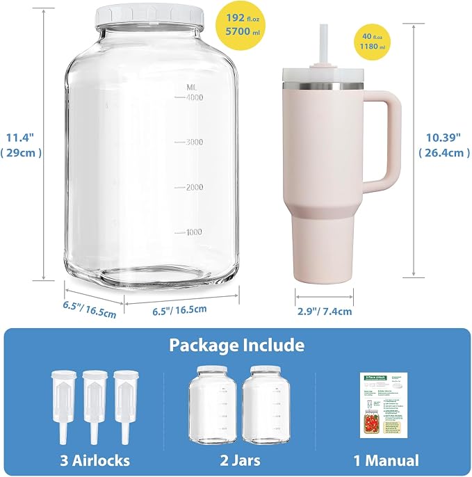 Glass Fermentation Jar Large Pickle Jar Kimchi Containers for Kumbucha Mead | 1.5 Gal, 4.3" Wide Mouth, 2pc, Airtight Lid & 3 Airlocks, ML/OZ Scale Line, Food Grade, BPA Free, Dishwasher Safe, 5700 ML