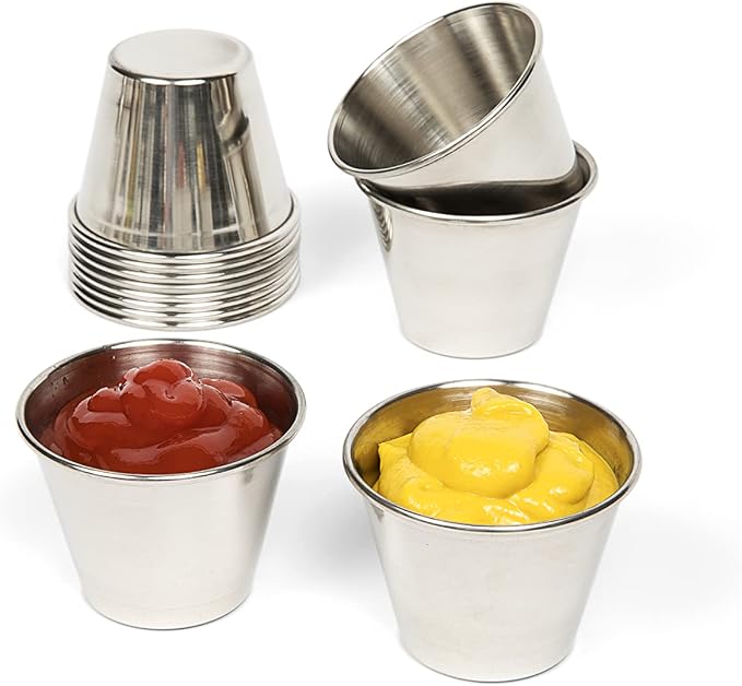 Nechtik Small Sauce Cups, Stainless Steel Ramekin Dipping Sauce Cup, Commercial Grade Individual Round Condiment cups (12 of 2.5 oz.)