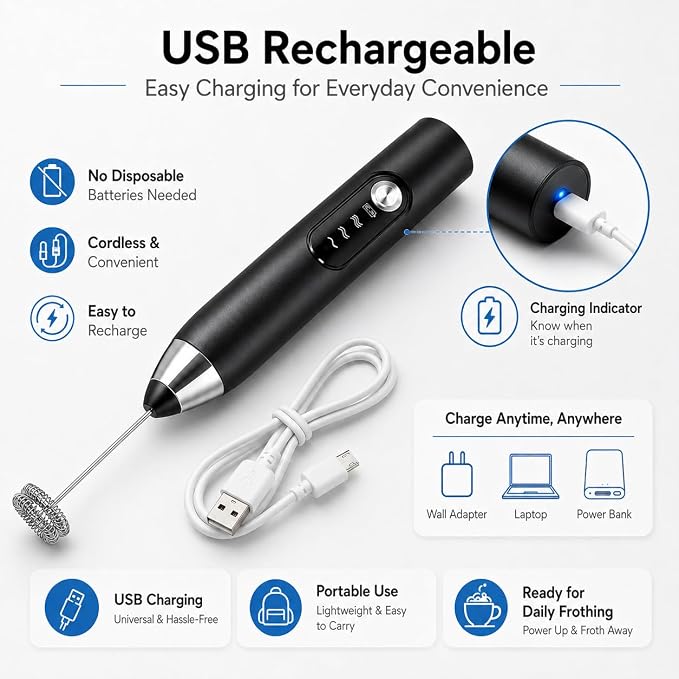 Black Handheld Milk Frother Wand for Coffee, Electric Whisk 3 Speed, 3-in-1 Rechargeable Drink Mixer with Stainless 3 Whisks, Coffee Frother For Latte, Cappuccino, Hot Chocolate, Egg
